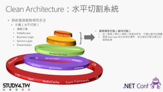 IIS
• 服務類型切割（縱向切割）
• 從（服務／需求／類型）角度來思考、可獨立運作的個體
• 透過 Use Case 找出系統的邊界、挑出適合切割出獨立的
服務區塊
 