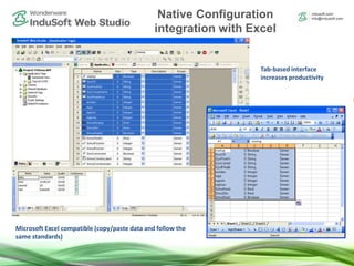 User-friendly development interface
Microsoft Excel compatible (copy/paste data and follow the
same standards)
Tab-based interface
increases productivity
Native Configuration
integration with Excel
 