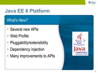Java EE 6 Platform
What's New?

• Several new APIs
• Web Profile
• Pluggability/extensibility
• Dependency injection
• Many improvements to APIs


                               39
 