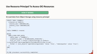 Use Resource Principal To Access OCI Resources
6) Load data from Object Storage using resource principal
HOW IT WORKS
CREATE TABLE CHANNELS
(channel_id CHAR(1),
channel_desc VARCHAR2(20),
channel_class VARCHAR2(20)
);
Table CHANNELS created.
BEGIN
DBMS_CLOUD.COPY_DATA(
table_name =>'CHANNELS',
credential_name =>'OCI$RESOURCE_PRINCIPAL',
file_uri_list =>'https://objectstorage.us-ashburn-
1.oraclecloud.com/n/adwc4pm/b/ctuzlaBucket/o/chan_v3.dat',
format => json_object('ignoremissingcolumns' value 'true', 'removequotes' value 'true')
);
END;
/
PL/SQL procedure successfully completed.
 