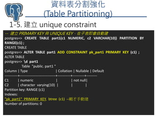資料表分割強化
(Table Partitioning)
1-5. 建立 unique constraint
Taiwan PostgreSQL User Group 202018/8/13
-- 建立 PRIMARY KEY 與 UNIQUE KEY，在子表即會自動建
postgres=> CREATE TABLE part1(c1 NUMERIC, c2 VARCHAR(10)) PARTITION BY
RANGE(c1) ;
CREATE TABLE
postgres=> ALTER TABLE part1 ADD CONSTRAINT pk_part1 PRIMARY KEY (c1) ;
ALTER TABLE
postgres=> d part1
Table "public. part1 "
Column | Type | Collation | Nullable | Default
-----------+------------------------------+-----------+----------+---------
C1 | numeric | | not null|
C2 | character varying(10) | | |
Partition key: RANGE (c1)
Indexes:
"pk_part1" PRIMARY KEY, btree (c1) --剛才手動建
Number of partitions: 0
 