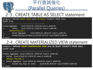 平行查詢強化
(Parallel Queries)
2-3 . CREATE TABLE AS SELECT statement
Taiwan PostgreSQL User Group 262018/8/13
postgres=> EXPLAIN CREATE TABLE para1 AS SELECT COUNT(*) FROM data1 ;
QUERY PLAN
-----------------------------------------------------------------------
Finalize Aggregate (cost=11614.55..11614.56 rows=1 width=8)
-> Gather (cost=11614.33..11614.54 rows=2 width=8)
Workers Planned: 2
-> Partial Aggregate (cost=10614.33..10614.34 rows=1 width=8)
-> Parallel Seq Scan on data1 (cost=0.00..9572.67 rows=416667 width=0)
(5 rows)
2-4 . CREATE MATERIALIZED VIEW statement
postgres=> EXPLAIN CREATE MATERIALIZED VIEW mv1 AS SELECT COUNT(*) FROM data1 ;
QUERY PLAN
------------------------------------------------------------------------------
Finalize Aggregate (cost=11614.55..11614.56 rows=1 width=8)
-> Gather (cost=11614.33..11614.54 rows=2 width=8)
Workers Planned: 2
-> Partial Aggregate (cost=10614.33..10614.34 rows=1 width=8)
-> Parallel Seq Scan on data1 (cost=0.00..9572.67 rows=416667 width=0)
(5 rows)
 