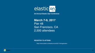 35
March 7-9, 2017
Pier 48
San Francisco, CA
2,500 attendees
3rd Annual Elastic User Conference
REGISTER TO ATTEND:
https://www.elastic.co/elasticon/conf/2017/sf/registration
 
