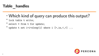 ∙ Which kind of query can produce this output?
∙ lock table t write;
∙ select * from t for update;
∙
update t set i=i+sleep(i) where i [=,in,<,>] ...
Table_handles
8
 