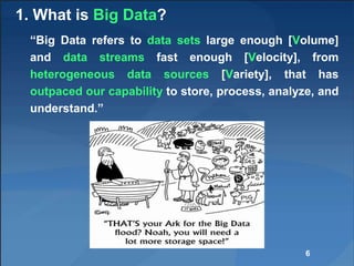 1. What is Big Data?
“Big Data refers to data sets large enough [Volume]
and data streams fast enough [Velocity], from
heterogeneous data sources [Variety], that has
outpaced our capability to store, process, analyze, and
understand.”
6
 
