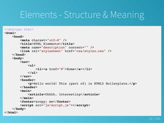 Elements - Structure & Meaning
<!doctype html>
<html>
<head>
<meta charset="utf-8" />
<title>HTML Elements</title>
<meta name="description" content="" />
<link rel="stylesheet" href="css/stylez.css" />
</head>
<body>
<nav>
<ul>
<li><a href="#">Home</a></li>
</ul>
</nav>
<header>
<p>Hello world! This (part of) is HTML5 Boilerplate.</p>
</header>
<main>
<article>Ohhhh. Interesting</article>
</main>
<footer>&copy; me</footer>
<script src="js/script.js"></script>
</body>
</html>
10 / 145
 