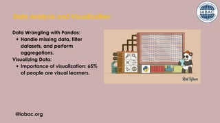 @iabac.org
Data Analysis and Visualization
Data Wrangling with Pandas:
Handle missing data, filter
datasets, and perform
aggregations.
Visualizing Data:
Importance of visualization: 65%
of people are visual learners.
 