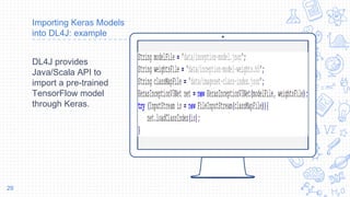 Place your screenshot here
Importing Keras Models
into DL4J: example
DL4J provides
Java/Scala API to
import a pre-trained
TensorFlow model
through Keras.
29
 