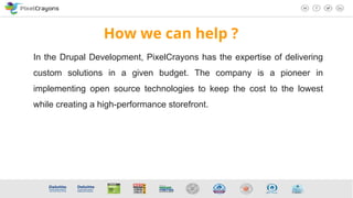 How we can help ?
In the Drupal Development, PixelCrayons has the expertise of delivering
custom solutions in a given budget. The company is a pioneer in
implementing open source technologies to keep the cost to the lowest
while creating a high-performance storefront.
 