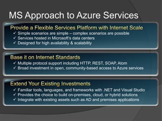 MS Approach to Azure ServicesProvide a Flexible Services Platform with Internet ScaleSimple scenarios are simple – complex scenarios are possible