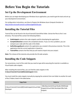 Before You Begin the Tutorials
Set Up the Development Environment
Before you can begin developing your Windows Azure application, you need to get the tools and set-up
your development environment.
For configuration instructions, see How to Prepare the Windows Azure Compute Emulator at
http://msdn.microsoft.com/en-us/library/gg433136.aspx.
Installing the Tutorial Files
Tutorial files can be found in the AzureTutorialsTutorialFiles folder. Extract the files to the C root
directory. The tutorial files contain the following folders:
• CodeSnippets contains the code snippets used for developing the application.
• CompletedSolution contains the completed solution. If you run into a problem, you can
compare your code with the code in this folder.
• GolferMessageBoard contains the application you created in the previous tutorials. This is the
application that the current application is based on.
• TutorialFiles contains the files that you will need to import into your project.
Note: This release of the tutorials only provide the C# code samples.
Installing the Code Snippets
For convenience, much of the code that you need to type while executing the tutorials is available as
Visual Studio code snippets.
After installing the tutorial files, you can find the code snippets in the
C:AzureTutorialsTutorial[#]CodeSnippets folder.
You must install the code snippets manually by copying the contents from one folder to another for each
of the 2 folders listed in the table below.
Copy from Paste to
C:AzureTutorialsTutorial[#]CodeSnippetsVisual Web
Developer
..My DocumentsVisual Studio 2010Code
SnippetsVisual Web DeveloperMy Code
Snippets
 