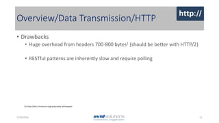 Overview/Data Transmission/HTTP
• Drawbacks
• Huge overhead from headers 700-800 bytes1 (should be better with HTTP/2)
• RESTful patterns are inherently slow and require polling
(1) http://dev.chromium.org/spdy/spdy-whitepaper
1/10/2016 11
 