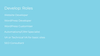 Develop: Roles
Website Developer
WordPress Developer
WordPress Customiser
Automations/CRM Specialist
VA or Technical VA for basic sites
SEO Consultant
 