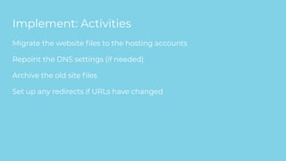 Implement: Activities
Migrate the website ﬁles to the hosting accounts
Repoint the DNS settings (if needed)
Archive the old site ﬁles
Set up any redirects if URLs have changed
 