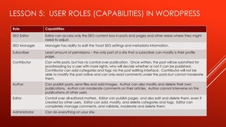 LESSON 5: USER ROLES (CAPABILITIES) IN WORDPRESS
Role Capabilities
SEO Editor Editor can access only the SEO content box in posts and pages and other areas where they might
need to adjust.
SEO Manager Manager has ability to edit the Yoast SEO settings and metadata information.
Subscriber Least amount of permissions – the only part of a site that a subscriber can modify is their profile
page.
Contributor Can write posts, but has no control over publication. Once written, the post will be submitted for
proofreading by a user with more rights, who will decide whether or not it can be published.
Contributor can add categories and tags via the post editing interface. Contributor will not be
able to modify the post online and can only read comments under the posts but cannot moderate
them.
Author Can publish posts, send files and add images. Author can also modify and delete their own
publications. Author can moderate comments on their articles. Author cannot intervene on the
publications of other users.
Editor Control over all editorial matters. Editor can publish pages and also edit and delete them, even if
created by other users. Editor can add, modify, and delete categories and tags. Editor can
completely manage comments, and validate, moderate and delete them.
Administrator Can do everything on your site.
 