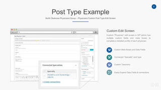 9
Post Type Example
North Okaloosa Physicians Group – Physicians Custom Post Type Edit Screen
Custom “Physician” edit screen in WP admin has
multiple custom fields and meta boxes to
complete a detailed profile of each physician.
Custom Edit Screen
Custom Meta Boxes and Data Fields
Connected “Specialty” post type
Custom Taxonomy
Easily Expand Data Fields & connections
 