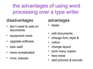 the advantages of using word processing over a type writer   advantages faster  edit documents  change font, style &  colour  change layout  print many copies less noise  add pictures & sounds disadvantages don’t need to wait on documents  equipment costs upgrade software train staff more complicated  virus, popups  
