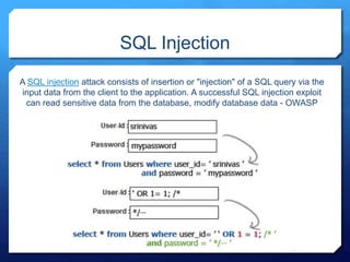 SQL Injection
A SQL injection attack consists of insertion or "injection" of a SQL query via the
input data from the client to the application. A successful SQL injection exploit
can read sensitive data from the database, modify database data - OWASP
 