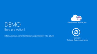 DEMO
Bora pra Action!
https://github.com/rsantosdev/aspnetcore-vsts-azure
 