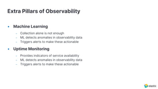 Extra Pillars of Observability
• Machine Learning
– Collection alone is not enough
– ML detects anomalies in observability data
– Triggers alerts to make these actionable
• Uptime Monitoring
– Provides indicators of service availability
– ML detects anomalies in observability data
– Triggers alerts to make these actionable
 