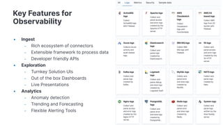 Key Features for
Observability
• Ingest
– Rich ecosystem of connectors
– Extensible framework to process data
– Developer friendly APIs
• Exploration
– Turnkey Solution UIs
– Out of the box Dashboards
– Live Presentations
• Analytics
– Anomaly detection
– Trending and Forecasting
– Flexible Alerting Tools
 