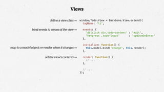 Views

                              deﬁne a view class    window.Todo.View = Backbone.View.extend({
                                                      tagName: 'li',

                bind events to pieces of the view    events: {
                                                       'dblclick div.todo-content' : 'edit',
                                                       'keypress .todo-input'      : 'updateOnEnter'
                                                     },

                                                     initialize: function() {
map to a model object; re-render when it changes       this.model.bind('change', this.render);
                                                     },

                          set the view’s contents    render: function() {
                                                       // ...
                                                     },

                                                      // ...
                                                    });
 