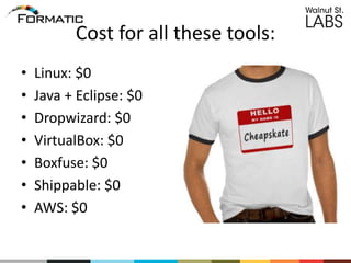 Cost for all these tools:
• Linux: $0
• Java + Eclipse: $0
• Dropwizard: $0
• VirtualBox: $0
• Boxfuse: $0
• Shippable: $0
• AWS: $0
 