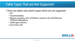 Table Types That are Not Supported 
•There are tables and column types which are not supported: 
•IOT 
•Clustered tables 
•Objects owned by SYS, SYSTEM or stored in the SYSTEM and SYSAUX tablespaces 
•LONG type columns 
•Out of line LOB 
26 http://brillix.co.il 
 