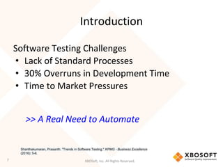 XBOSoft, Inc. All Rights Reserved.
Introduction
Software Testing Challenges
• Lack of Standard Processes
• 30% Overruns in Development Time
• Time to Market Pressures
Shanthakumaran, Prasanth. "Trends in Software Testing." KPMG - Business Excellence
(2016): 5-6.
>> A Real Need to Automate
7
 
