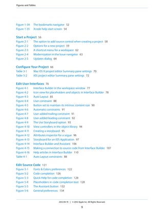 Figures and Tables

Figure 1-34
Figure 1-35

The bookmarks navigator 52
Xcode help start screen 54

Start a Project 56
Figure 2-1
Figure 2-2
Figure 2-3
Figure 2-4
Figure 2-5

The option to add source control when creating a project 58
Options for a new project 59
A shortcut menu for a workspace 62
Modernization in the Issue navigator 63
Updates dialog 64

Configure Your Project 66
Table 3-1
Table 3-2

Mac OS X project editor Summary pane settings 70
iOS project editor Summary pane settings 72

Edit User Interfaces 76
Figure 4-1
Figure 4-2
Figure 4-3
Figure 4-4
Figure 4-5
Figure 4-6
Figure 4-7
Figure 4-8
Figure 4-9
Figure 4-10
Figure 4-11
Figure 4-12
Figure 4-13
Figure 4-14
Figure 4-15
Figure 4-16
Table 4-1

Interface Builder in the workspace window 77
Icon view for placeholders and objects in Interface Builder 78
Auto Layout 85
User constraint 88
Button set to maintain its intrinsic content size 90
Automatic constraints 91
User-added trailing constraint 91
User-added leading constraint 92
The Use Storyboard option 93
View controllers in the object library 94
Creating a storyboard 95
Attributes inspector for a segue 96
Storyboard for an iOS Application 97
Interface Builder and Assistant 106
Making a connection to source code from Interface Builder 107
Help articles in Interface Builder 110
Auto Layout constraints 88

Edit Source Code 121
Figure 5-1
Figure 5-2
Figure 5-3
Figure 5-4
Figure 5-5
Figure 5-6

Fonts & Colors preferences 122
Code completion 126
Quick Help for code completion 128
Placeholders in code completion text 128
The Assistant button 132
General preferences 134

2012-09-19 | © 2012 Apple Inc. All Rights Reserved.

9

 