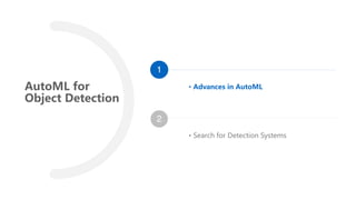 AutoML for
Object Detection
• Advances in AutoML
• Search for Detection Systems
2
1
 