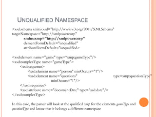 UNQUALIFIED NAMESPACE
<xsd:schema xmlns:xsd="http://www.w3.org/2001/XMLSchema"
targetNamespace="http://xmlpowercorp"
xmlns:xmp="http://xmlpowercorp"
elementFormDefault="unqualified"
attributeFormDefault="unqualified>
<xsd:element name="game" type=“xmp:gameType"/>
<xsd:complexType name="gameType">
<xsd:sequence>
<xsd:element name="person" minOccurs="1"/>
<xsd:element name="questions" type=xmp:questionType"
minOccurs="1"/>
</xsd:sequence>
<xsd:attribute name="documentDate" type="xsd:date"/>
</xsd:complexType>
In this case, the parser will look at the qualified xmp for the elements gameType and
questionType and know that it belongs a different namespace
 