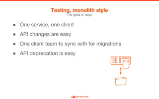 ● One service, one client
● API changes are easy
● One client team to sync with for migrations
● API deprecation is easy
Testing, monolith style
The good ol’ days
 
