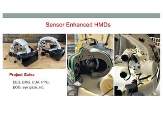 Sensor Enhanced HMDs
Project Galea
EEG, EMG, EDA, PPG,
EOG, eye gaze, etc.
 