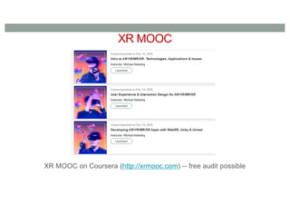 XR MOOC
XR MOOC on Coursera (http://xrmooc.com) -- free audit possible
 