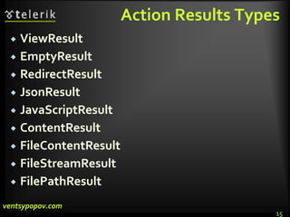 Action Results Types
 ViewResult
 EmptyResult
 RedirectResult
 JsonResult
 JavaScriptResult
 ContentResult
 FileContentResult
 FileStreamResult
 FilePathResult
15
ventsypopov.com
 