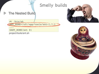 Smelly builds
The Nested Build

#! /bin/sh
ANT_HOME=/u01/app/tools/ant-1.7.1
...
$ANT_HOME/ant $1
project/tools/ant.sh
 