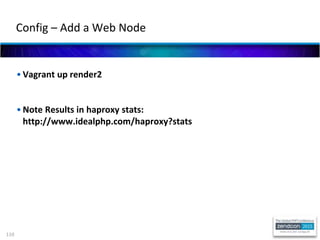 110
• Vagrant up render2
• Note Results in haproxy stats:
http://www.idealphp.com/haproxy?stats
Config – Add a Web Node
 