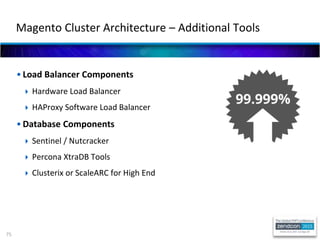 75
• Load Balancer Components
 Hardware Load Balancer
 HAProxy Software Load Balancer
• Database Components
 Sentinel / Nutcracker
 Percona XtraDB Tools
 Clusterix or ScaleARC for High End
Magento Cluster Architecture – Additional Tools
 