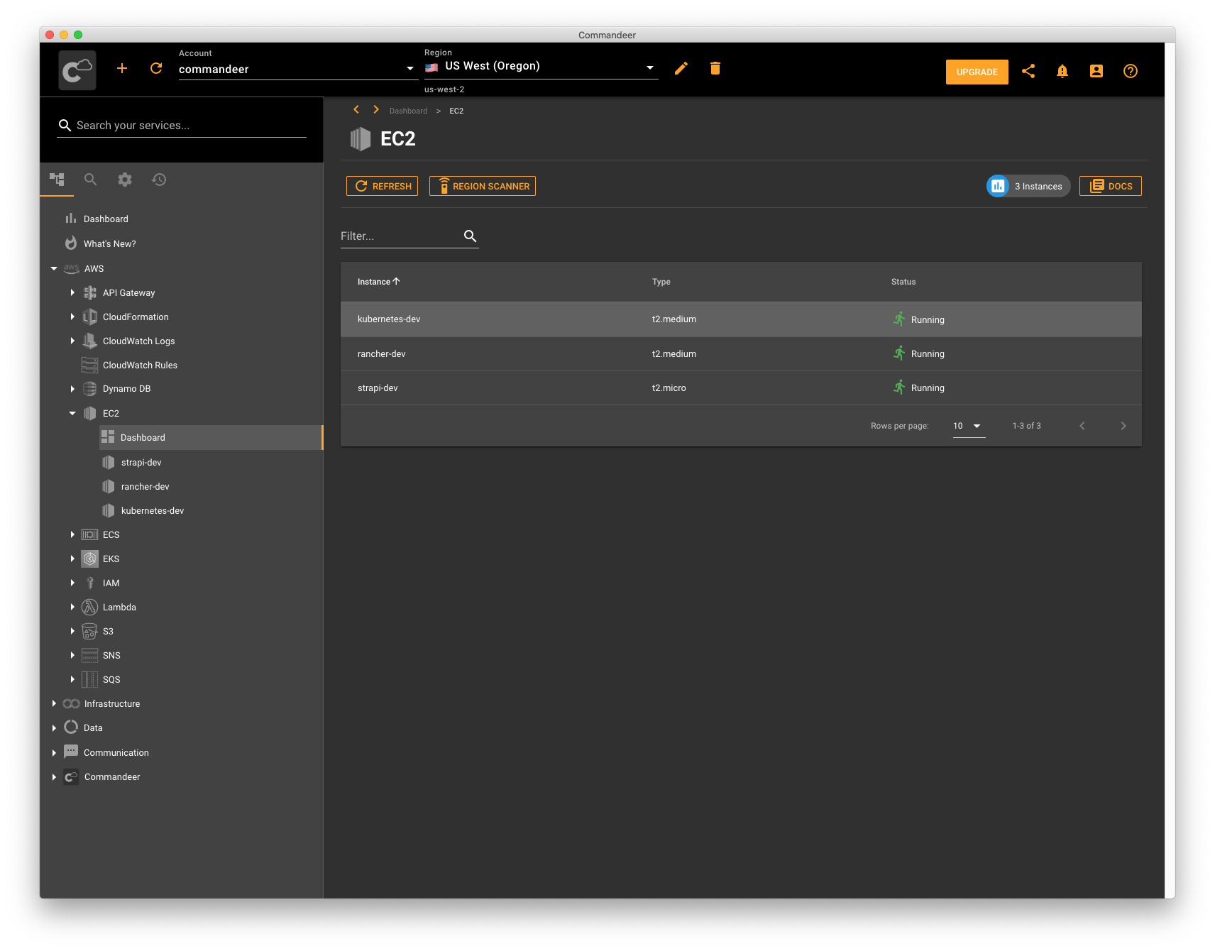 Listing some EC2 instances in Commandeer Listing some EC2 instances in Commandeer