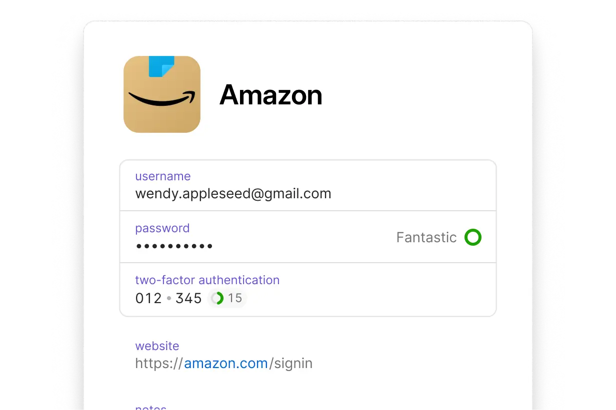 1Password item details view showing an Amazon login with username, strong password status, and two-factor authentication enabled