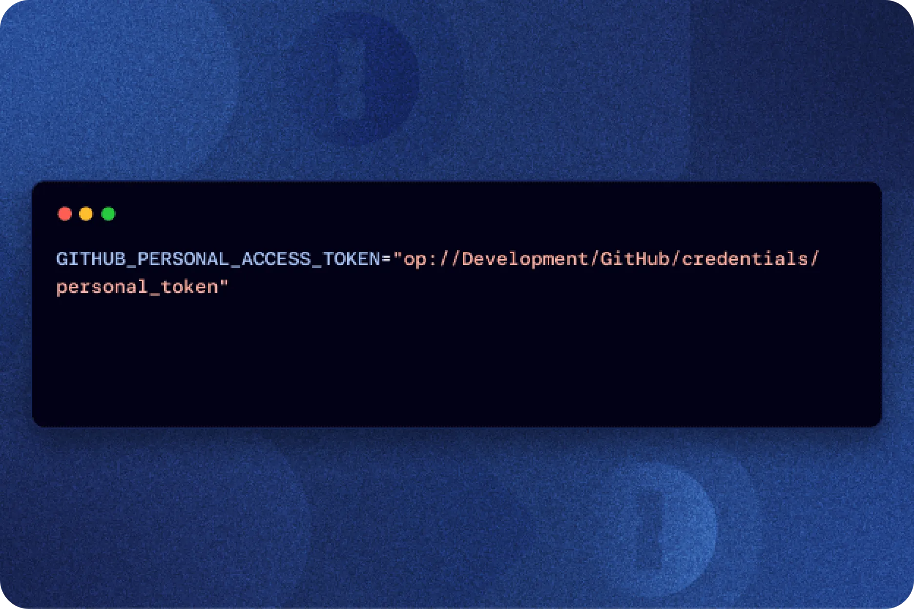 Terminal window showing a command that sets a GitHub personal access token environment variable using 1Password CLI syntax.