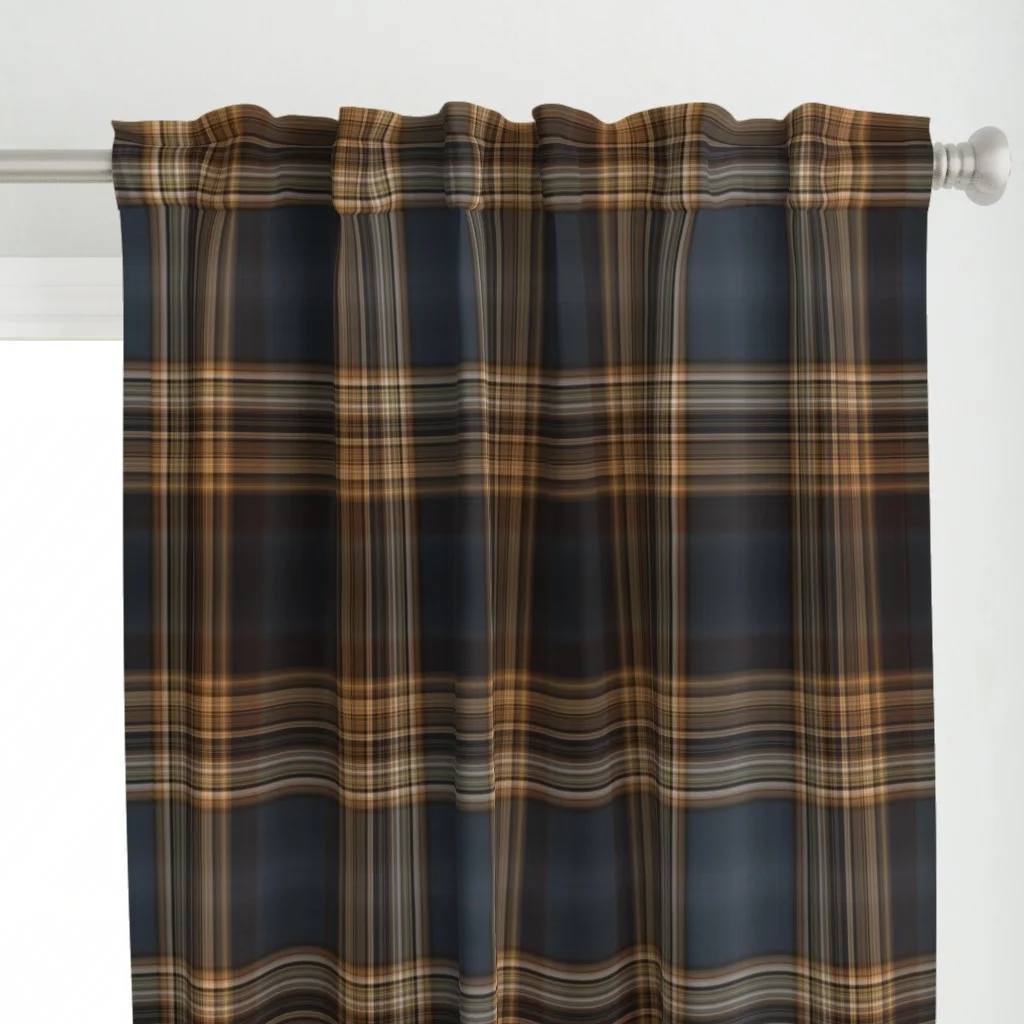 Curtain in Dark Blue and Brown Fine Line Plaid by Spoonflower artist northern_whimsy.