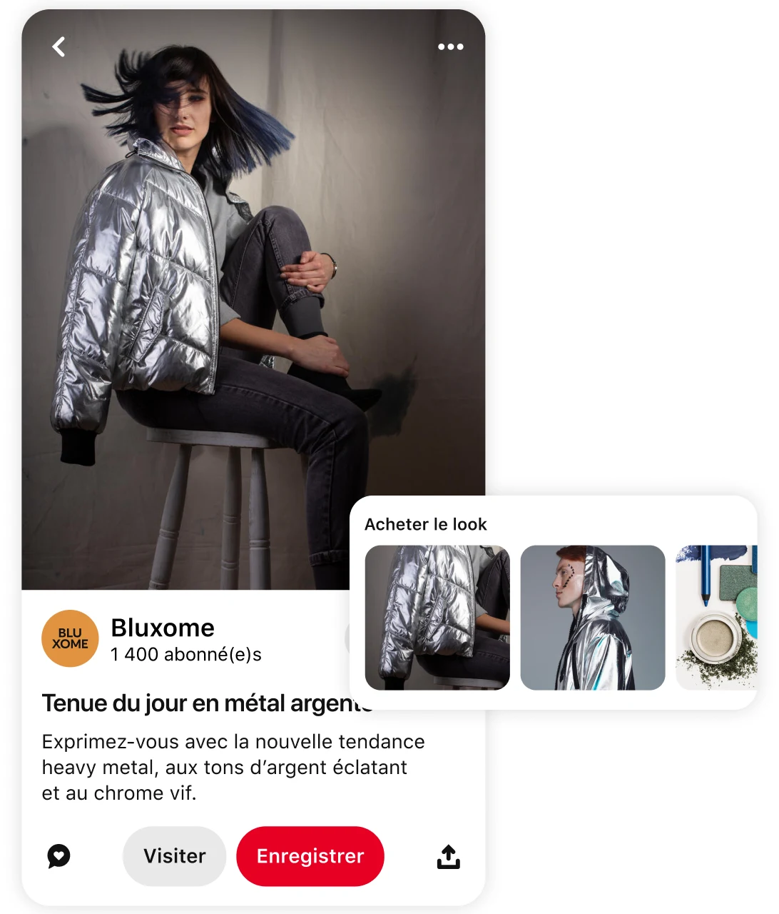 Épingle d’une femme portant une doudoune argentée métallisée avec des suggestions de produits similaires et une invitation à « acheter le look »