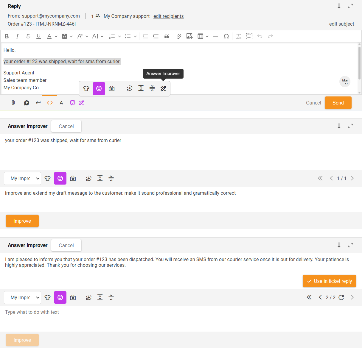 Answer Improver (custom instructions) function refining a message