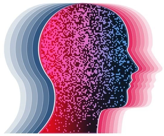 Illustration of multiple overlapping human head profiles in shades of blue, pink, and black, forming a layered, digital mosaic style.
