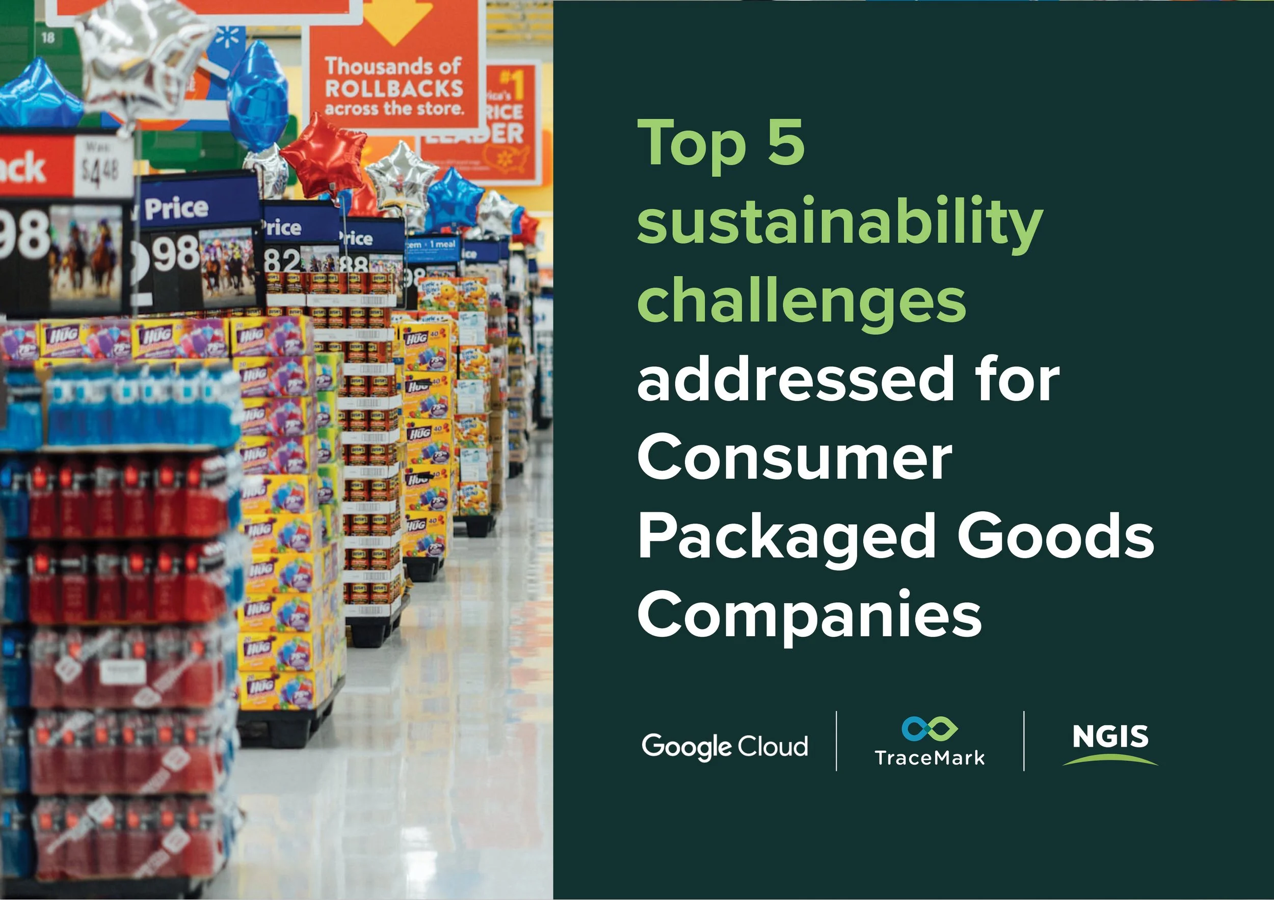 A store aisle with shelves stocked with various packaged goods like snacks and drinks, decorated with balloons and sale signage, alongside a text overlay highlighting top sustainability challenges for packaged goods companies, with logos of Google Cloud, TraceMark, and NGIS.