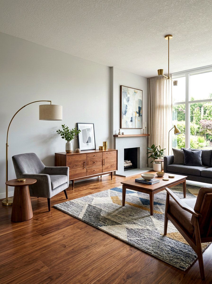 Walnut furniture in light gray room