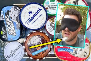 Various ice cream brands with author taking a bite of ice cream overlaid