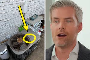 Left side: Arrow pointing to an outdoor air conditioning unit with rust. Right side: A person with short hair in a striped suit talking